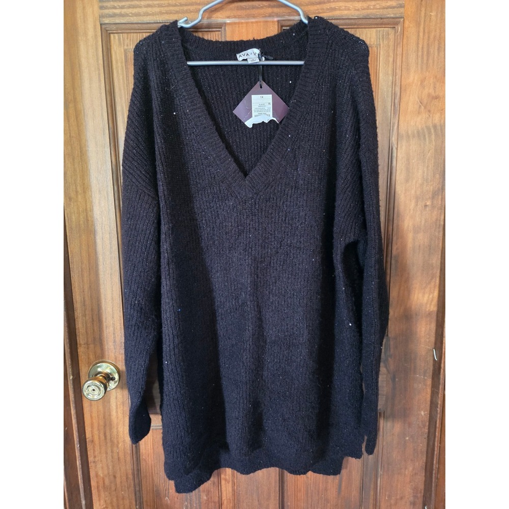 Ava & Viv Womens 1X Black Metallic Ribbed V-Neck Oversized Tunic Sweater NWT